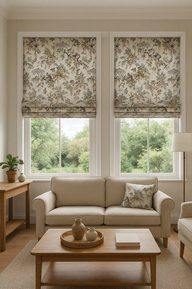 Roman blinds made from Savannah safari fabric with hand-drawn wildlife and parasol motifs in a neutral-toned living room, ideal for tropical-inspired interior decor.